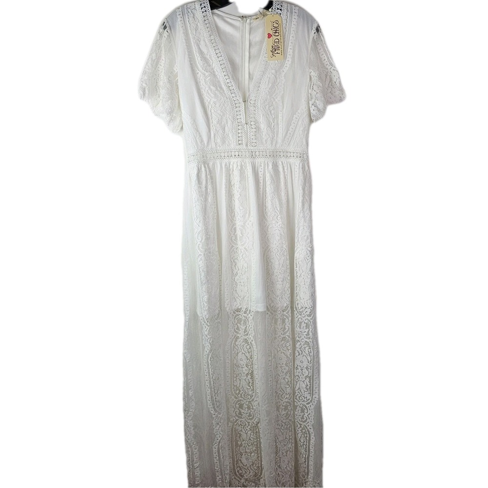 Southern Fried Chics NWT Womens White Lace SS Maxi Slip Boho Cottage Dress‎ L